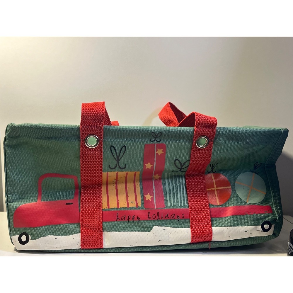 Thirty-One Holiday Storage Basket Green Red Recycled Polyester With Handles